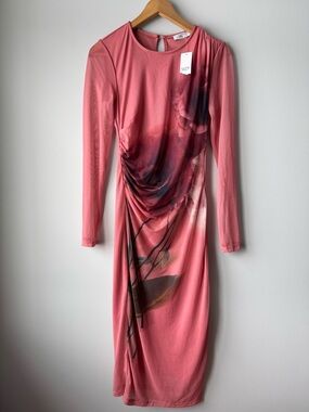 (XS) Suzy Shier pink floral mesh ruched dress stretchy bodycon long sleeve